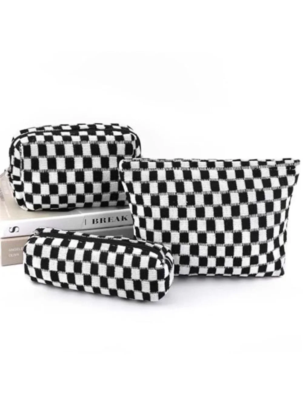 Makeup Bag 3 Pieces Large Capacity Checkered Cosmetic Bags Travel